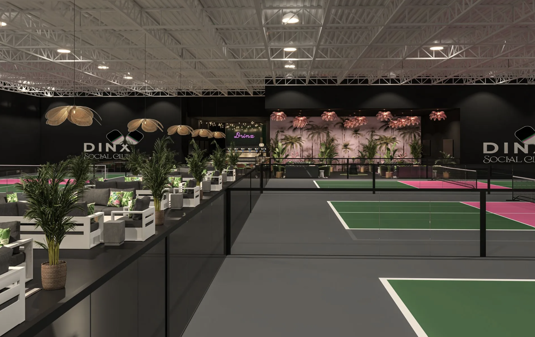 Interior of DINX Social Club pickleball facility in Highland Park